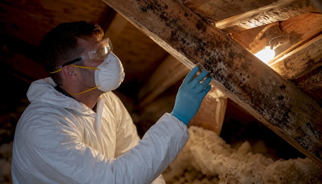 Hands with respirator and gloves inspecting attic mold