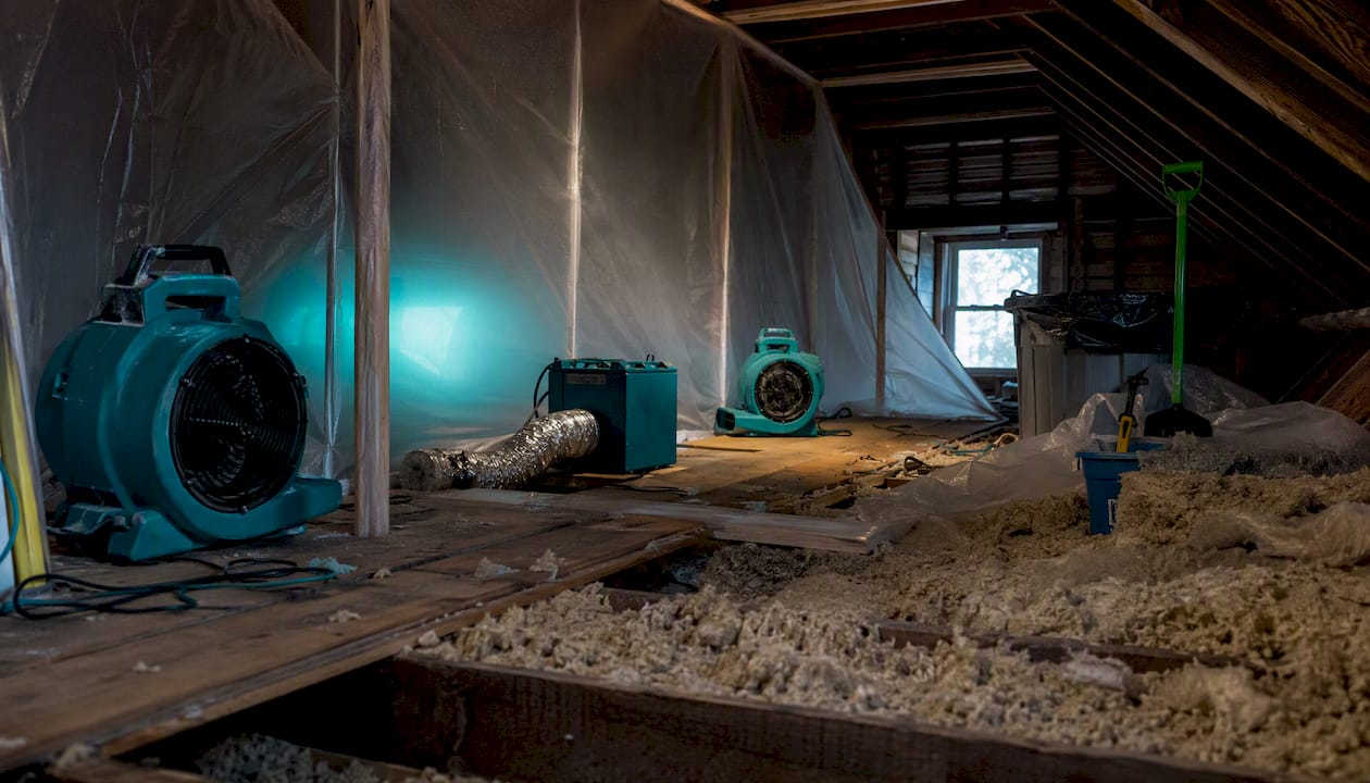 Attic with mold remediation equipment and plastic containment