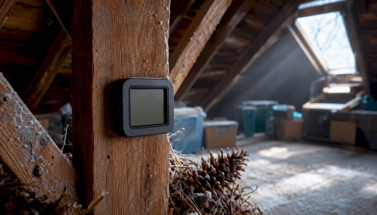 Attic humidity monitor on wooden beam