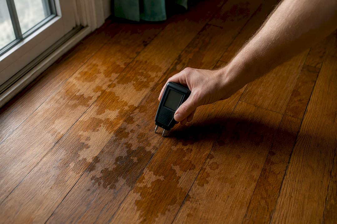 Technician measuring moisture in hardwood floor