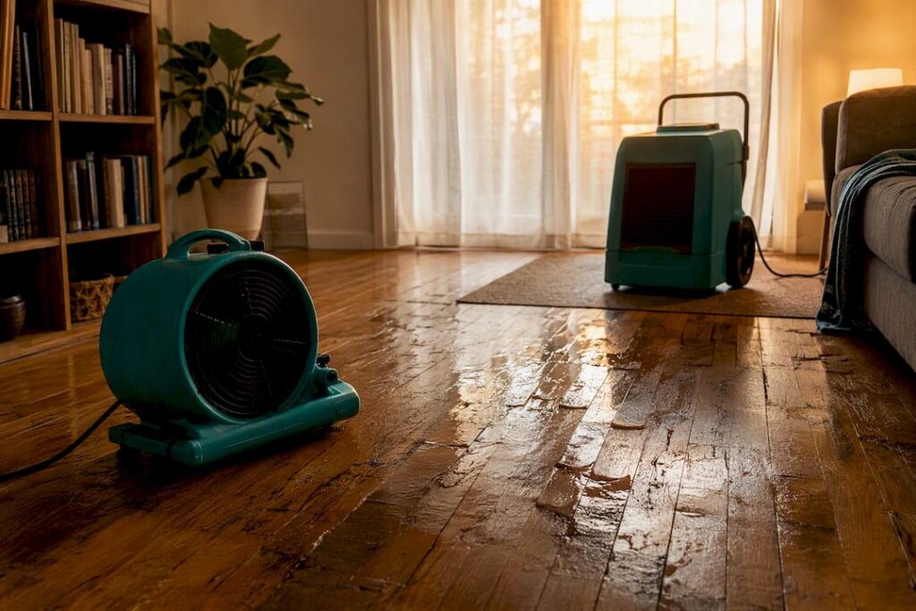 Water-damaged hardwood floor drying equipment setup