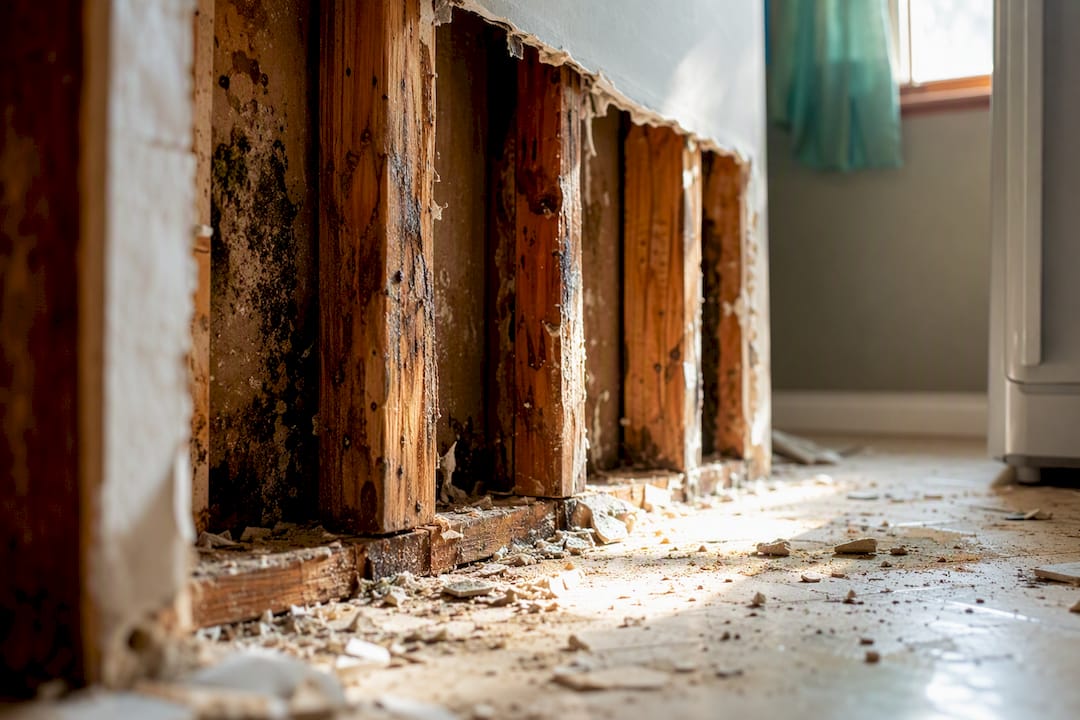 Wet framing with visible mold behind removed drywall