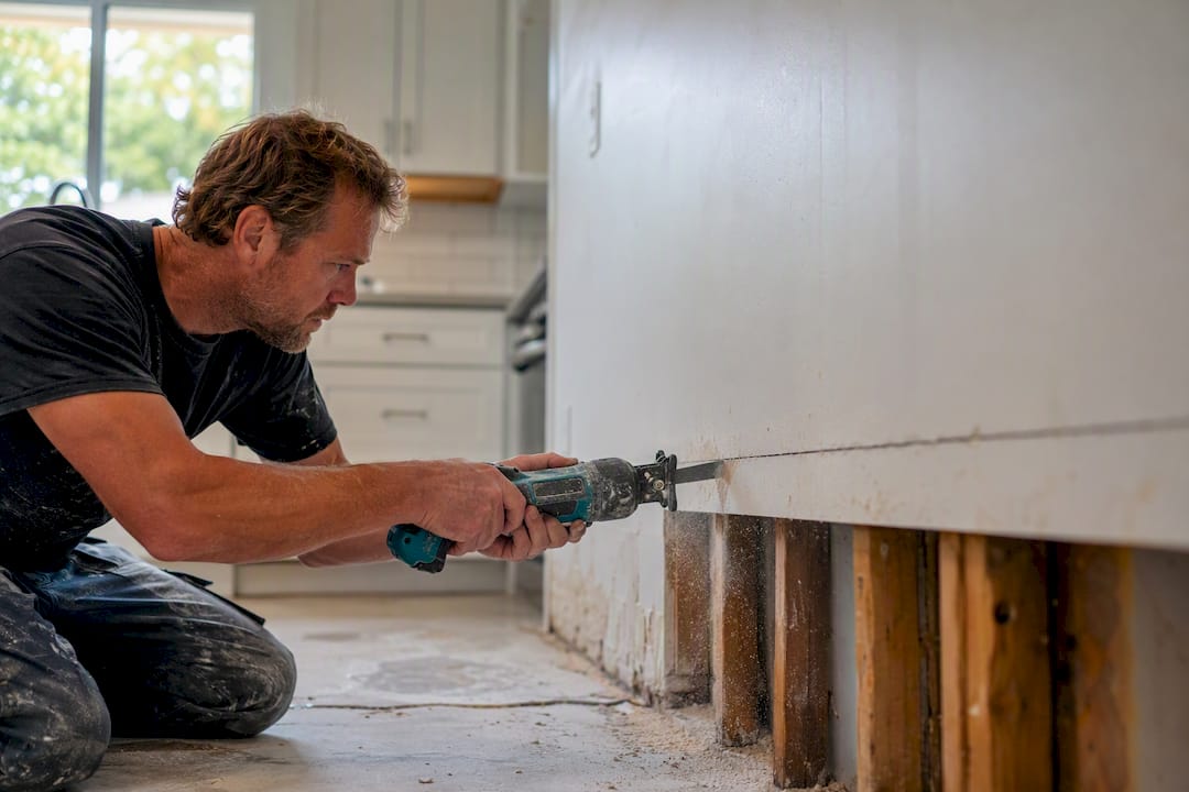 Technician cutting drywall above water damage