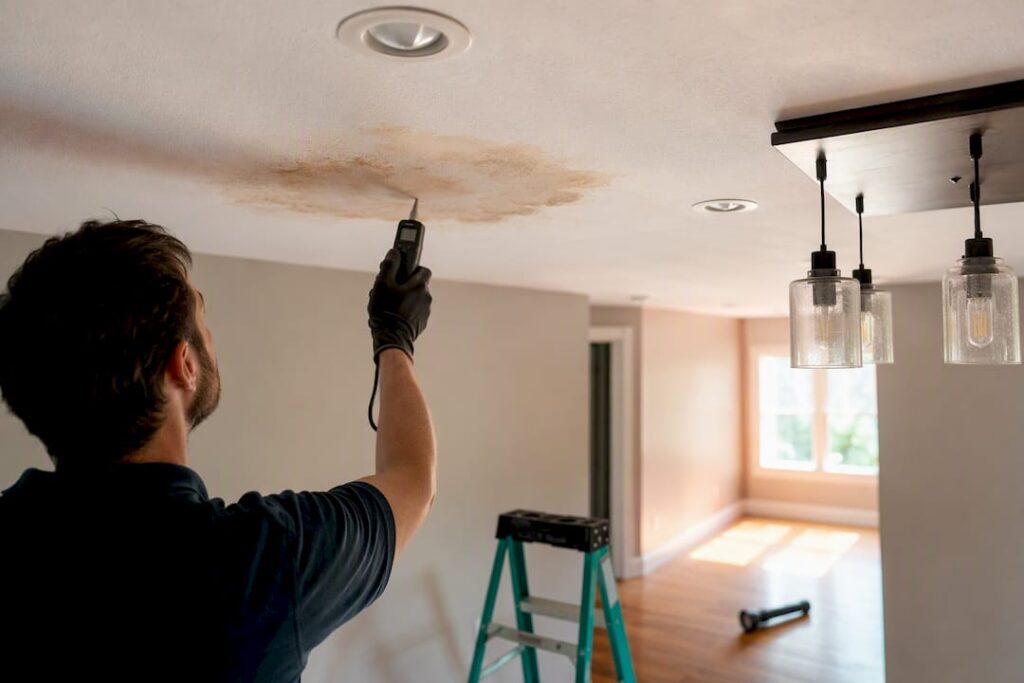 Moisture meter measuring water-stained ceiling