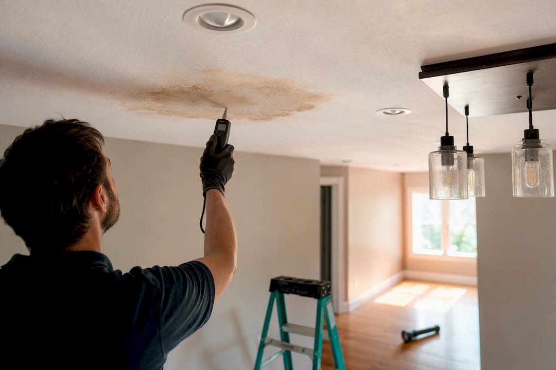 Moisture meter measuring water-stained ceiling