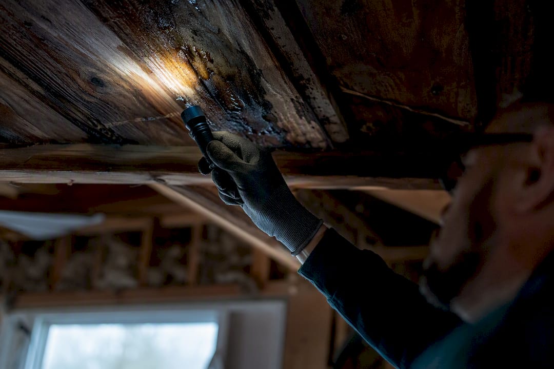 Gloved hand pointing at damp attic insulation