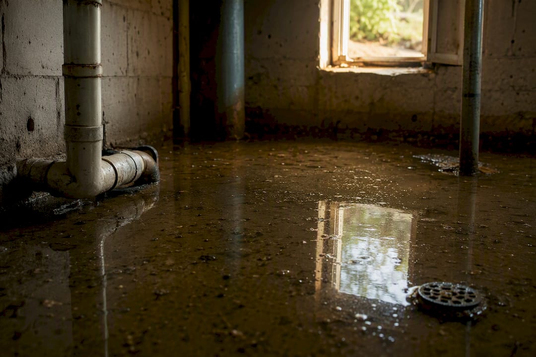 Murky flood water pooling around pipes