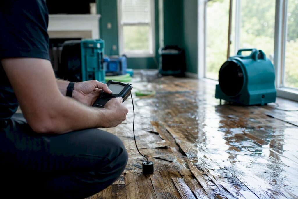 Technician setting up water damage drying equipment