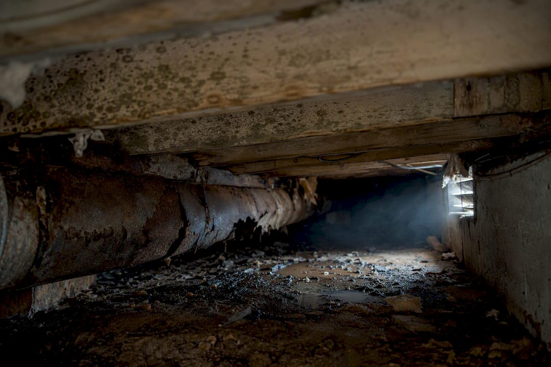 Water-stained crawl space wood and rusty ducts