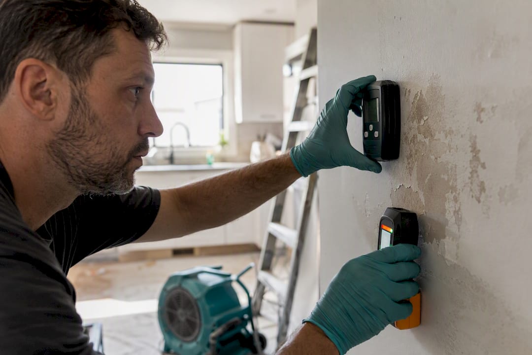 Hands using moisture meters on drywall