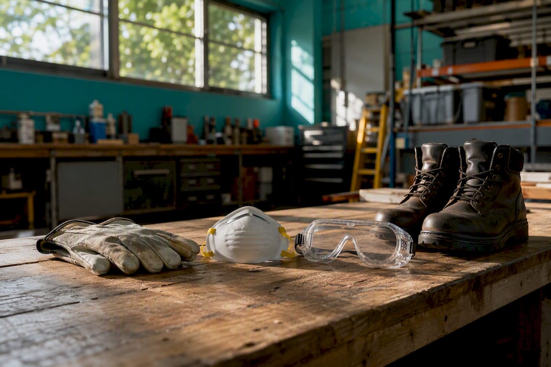 Fire damage restoration safety gear laid out