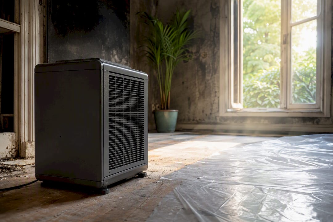 HEPA air scrubber running for smoke odor removal