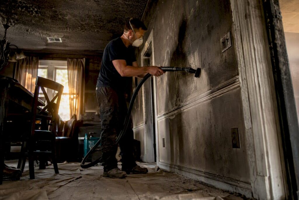 Technician vacuuming soot from fire-damaged home wall