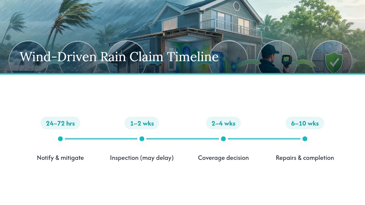 Timeline infographic of wind-driven rain claim phases