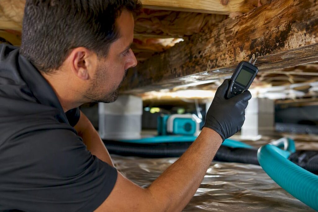 Technician measuring moisture in crawl space