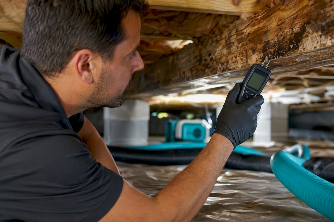 Technician measuring moisture in crawl space