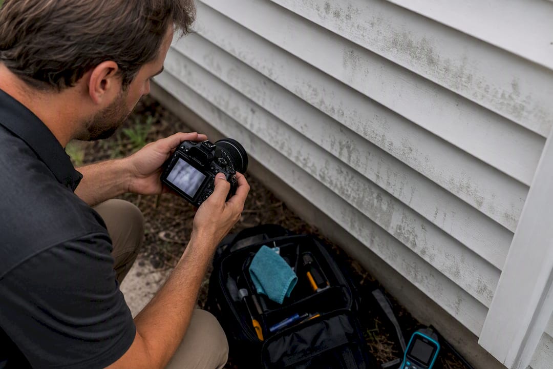 Technician photographing water damage on siding