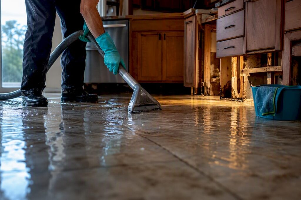 Technician extracting hurricane floodwater from kitchen