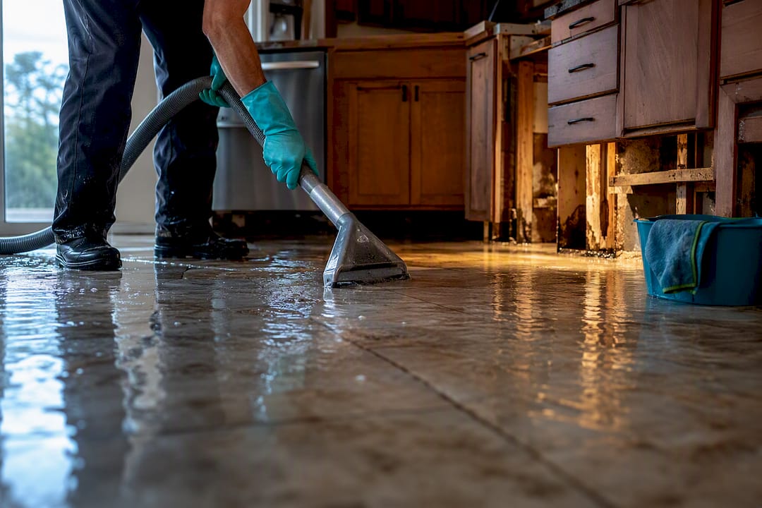Technician extracting hurricane floodwater from kitchen