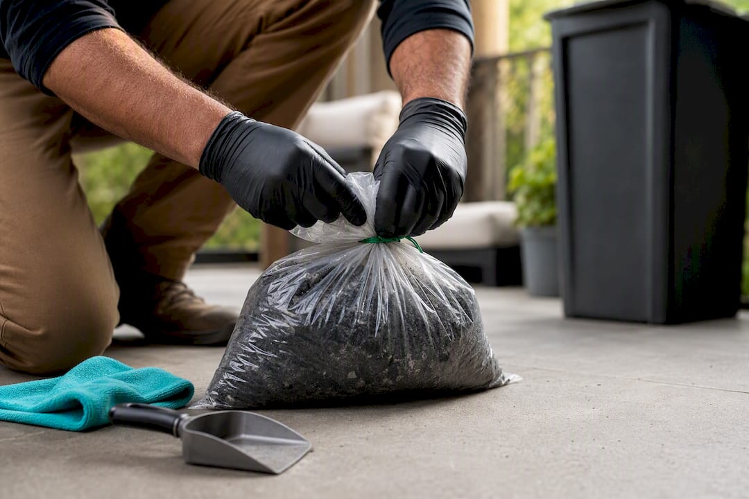 Gloved hands sealing a bag of fire ash
