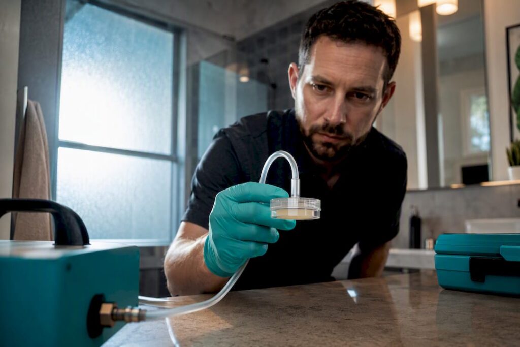 Mold assessor collecting an indoor air sample