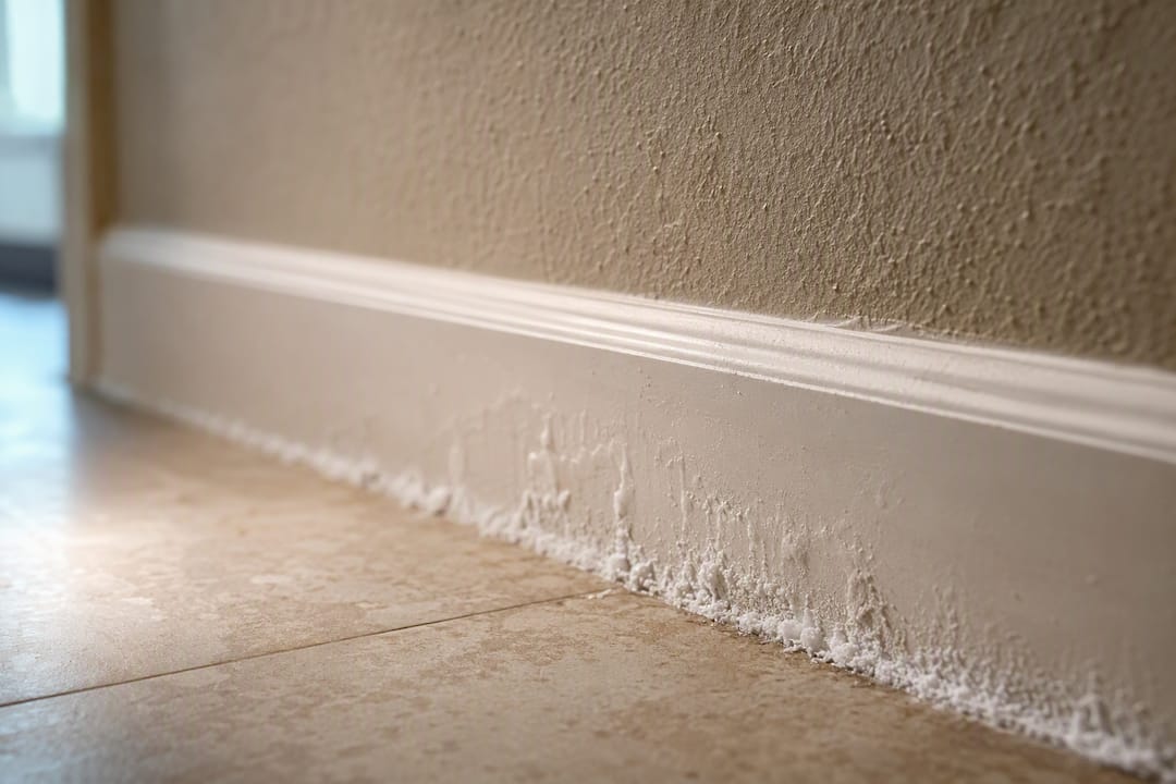 Efflorescence along wall base from moisture