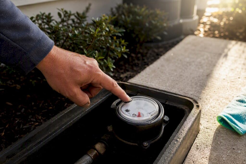 Homeowner checking residential water meter