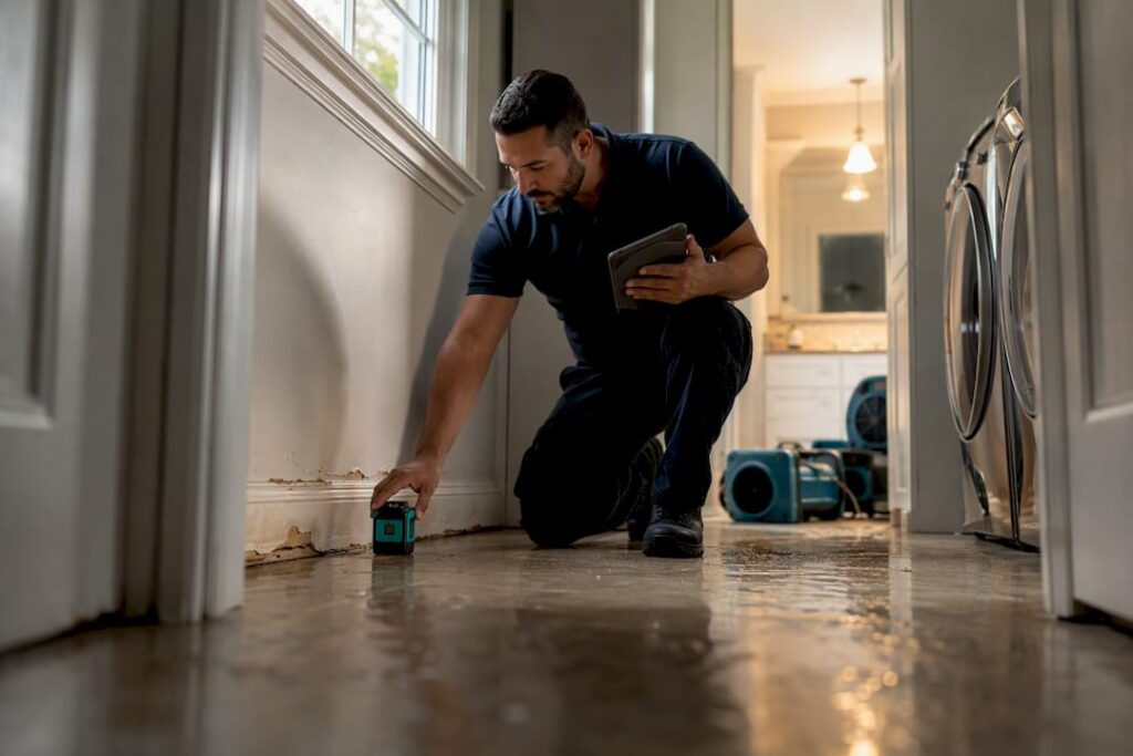 Technician assessing water-damaged laundry room