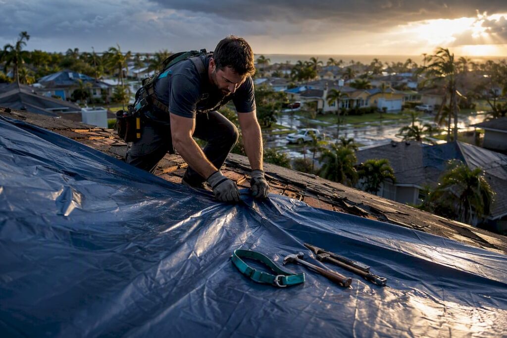 Technician securing tarp over storm-damaged roof