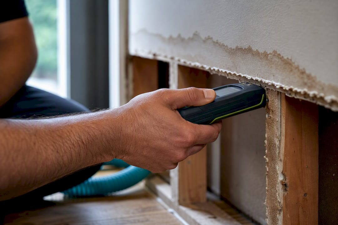 Technician checking moisture inside drywall