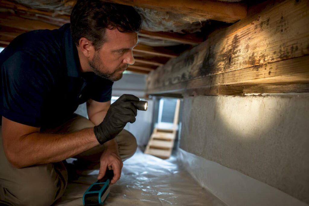 Mold assessor inspecting crawlspace framing