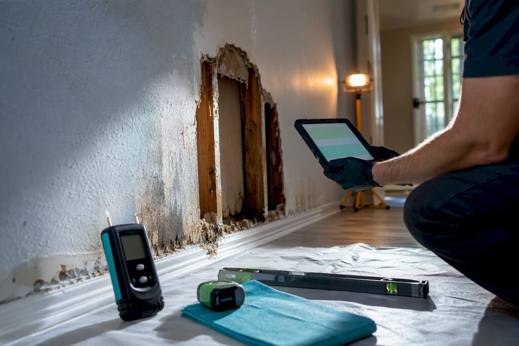Technician documenting water damage evidence